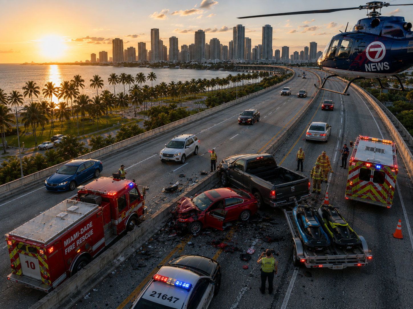 Cinematic aerial view of an emergency response scene on a Miami highway at sunset